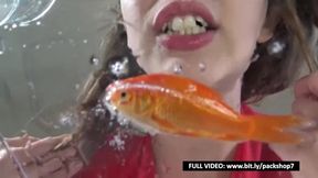 Evil woman devours all her fish alive - Vore Giantess