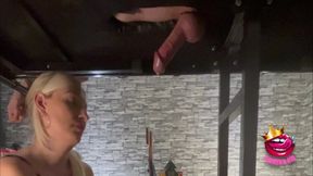 Mistress Milks and Ruins His Orgasm Into a Cup on the Milking Table