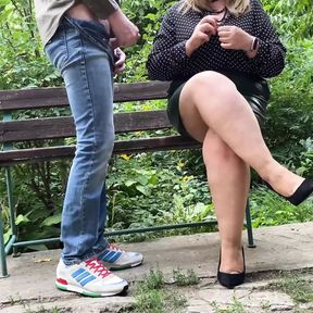 Perverted mother-in-law made me cum on her clothes in the park