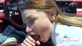 Good babe in student outfit gives roadhead P-O-V Blowjob car sex Mazy Myers