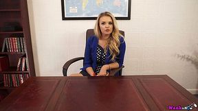 Blond headmistress Ashley Jayne gets naked and shows off her boobies and tits