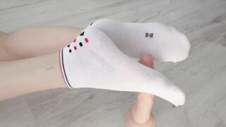 Devils Pedicure into White Socks with my Foot for your Gigantic Dick