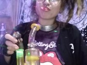 Hippie Chick Smoking Double Perc Bong