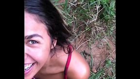 Amateur brunette POV blowjob in the woods