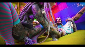 Two inked lesbians stretch each other�s asses with huge toys � gaping holes, ATM action, and real orgasms