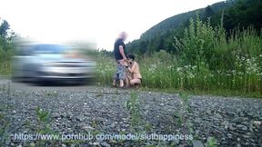 Curvy milf gives blowjob to her dominant husband in the forest