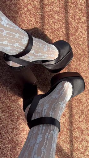 White stockings and high heels on my feet