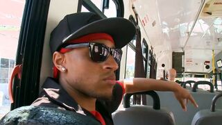 Watch this hot black stud give a sloppy BJ to a white booty slut in public