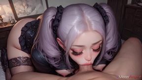 a lavender-haired princess with bows loves to suck cock while a belt digs into her thighs.[ai]