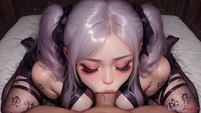 a lavender-haired princess with bows loves to suck cock while a belt digs into her thighs.[ai]