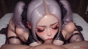 a lavender-haired princess with bows loves to suck cock while a belt digs into her thighs.[ai]