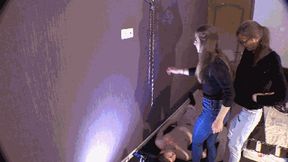 42 Betty and Bertie One after another, hitting his eyes, mouth, cheeks, forehead. His whole face dripping with our spit and phlegm. Then we start rubbing it in… but not with hands — with our sneakers! Full-on foot facial massage: grinding our soles