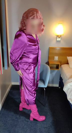 Hot crossdresser in full erotic purple satin