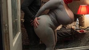 Big Tits Girl in Grey Outfit Gets Pressed from Behind by Boyfriend