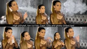 High ponytail, low cut top, Capri 120s and glossy ombré lips!