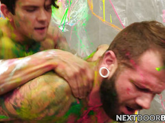 Johnny and Dakota splattered in paint before a cumshot overload