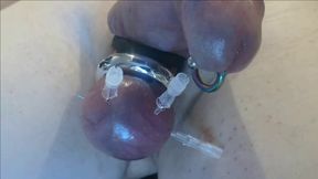 saline injection penis and needles through balls in bdsm cbt games