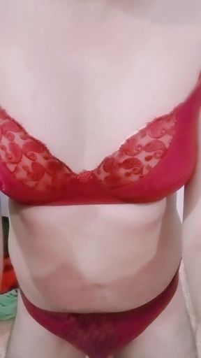 Indian Gay Crossdresser Gaurisissy in Red Bra Panty Honeymoon Set Getting Fucked