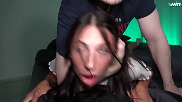 Slender brunette teen Juicy Alison gets fucked with cum in her mouth
