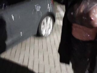 Fullbody encasement fake cum overload on risky public place