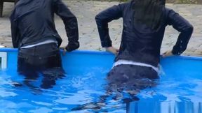 Anna and Eva take bath in a pool and in a jacuzzi in tight blue jeans