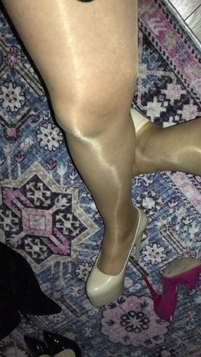 Shiny Tan Pantyhose Walking