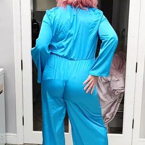 Hot crossdresser in full satin jumpsuit