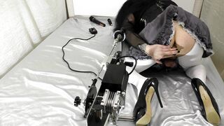 Watch this sultry tgirl in lingerie take control of hookup machine and cum hard