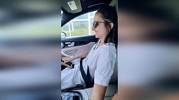 Hotwife in dress gets off in car using magic wand