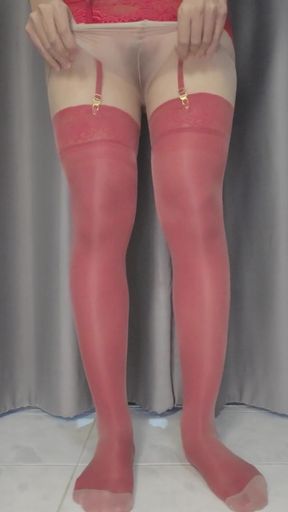 Sissykanisa's Lingerie Collection Ep20 Part2: Red Shiny Stocking with Pantyhose on Top