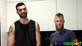 Bearded Tyla Tugs His Cock Fast While Eli Hammers His Australian Ass