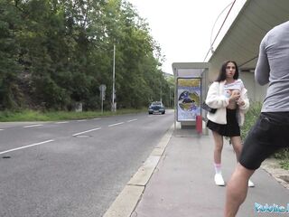 Public Agent tiny British Brunette Sucks and Fucks after Nearly Getting Run Over by a Runaway Taxi