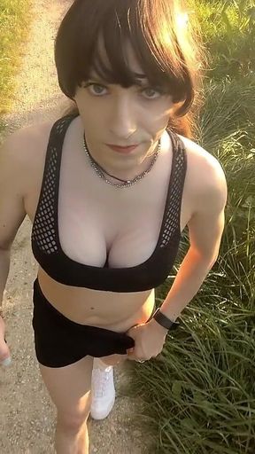 Jogging with a Full Bladder! Great Tranny Wetting with a Huge Beam Straight Down!