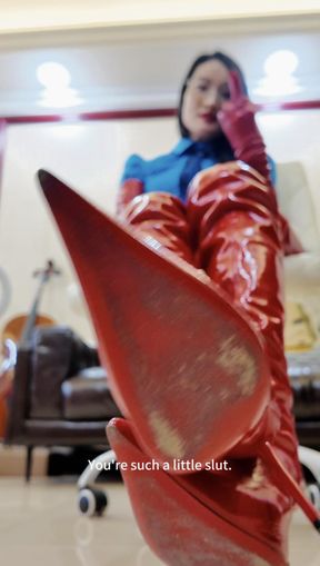 Red patent leather boots humiliation control