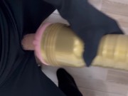 Horny man fucking with dick flashlight toy