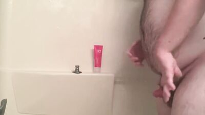 Amateur bear is playing with his tiny pecker inside the shower