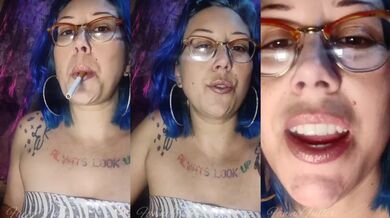 Blue hair beauty smokes puffs then begs for your cum