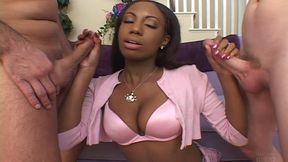 Ebony bitch sits on a monster dick while sucking another