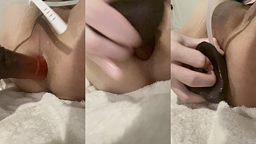 Asian trans Lilia Lust takes red horse dildo into her lubed asshole