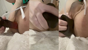 Asian trans Lilia Lust takes red horse dildo into her lubed asshole