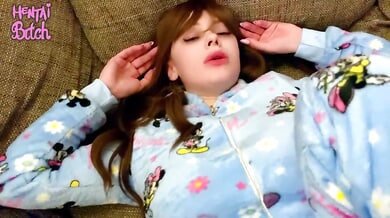 Young woman in Mickey Mouse pajamas takes stepdad's cock deep and gets creampie