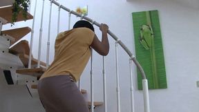 Ebony trampling on naked slave