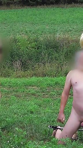 Outdoor Sm Two Bi-men Used by Cute Tranny Dom