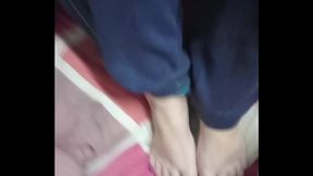 Stacy mom milf gives stepson a very kinky footjob , jizz over her sexy feet