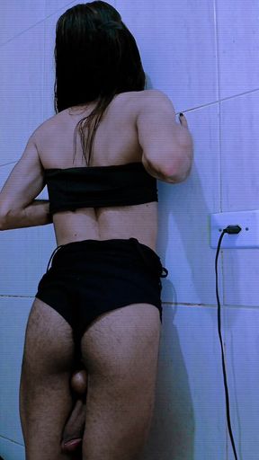 Naughty girl loves to masturbate in a bikini. Effeminate gay man in women&#039;s clothes showing his ass