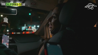 Busty brunette shows her wet pussy to a married taxi driver.