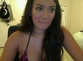 Adorable brunette girl on webcam flashes her perky boobs and not only