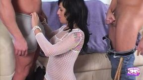 Two ripped dudes pulverize a foxy brunette's great tits