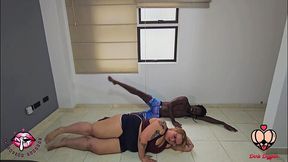 Curvy Latina and blonde amateur work out together