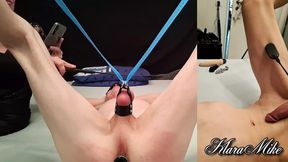 I hang him by his testicles, spanking his ass and cock.